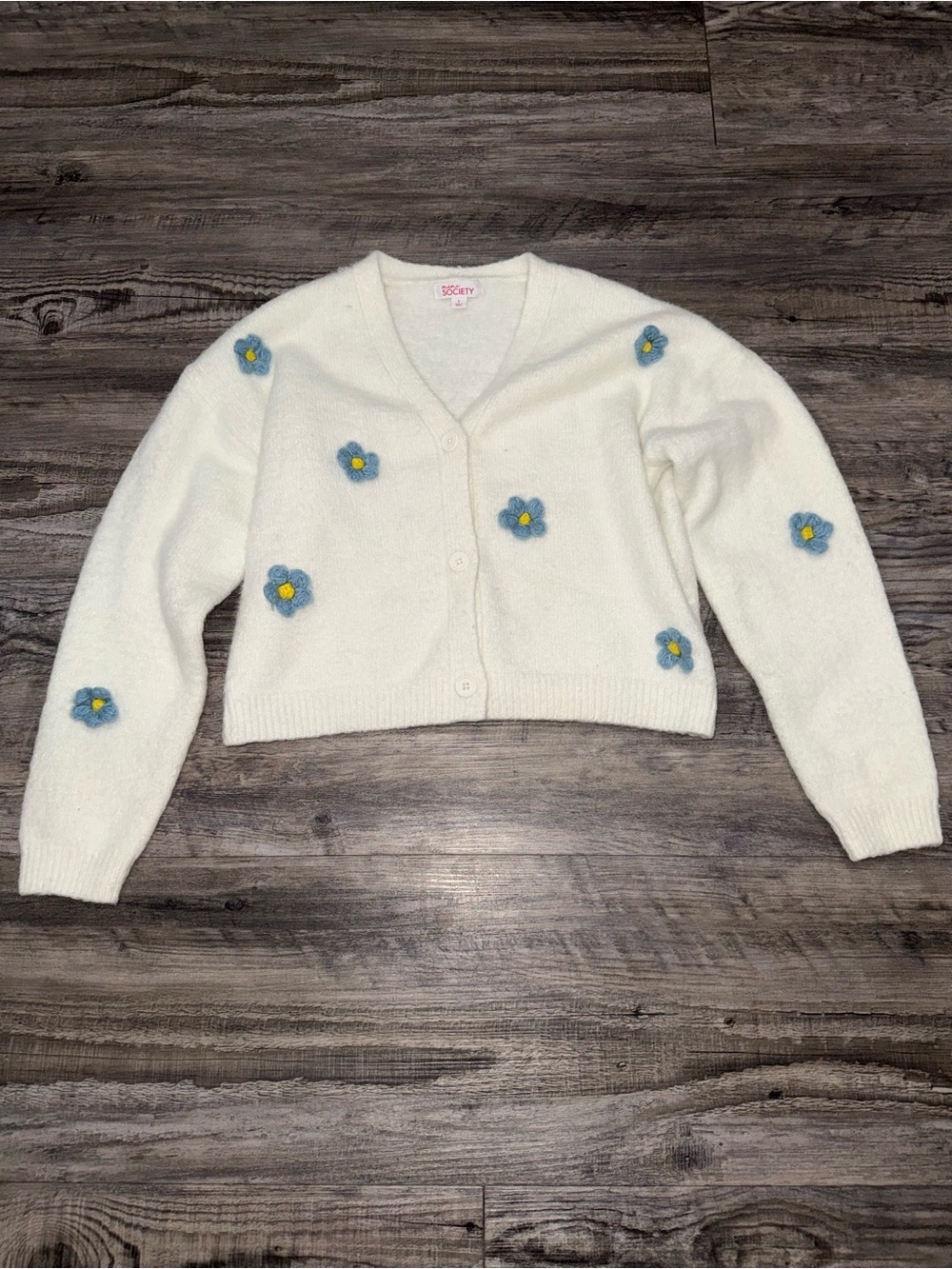 Women’s Large White Flower Cardigan Sweater Soft Stretch Floral Knit